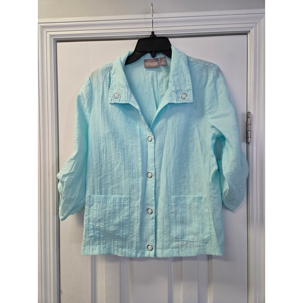 Chico's Aqua Blue Crinkle Linen Blend Button Front Shirt top 0 S/M Resortwear‎